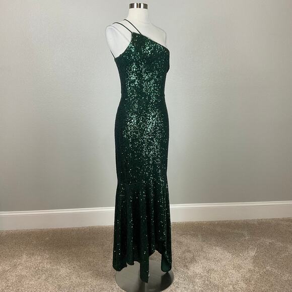 Green Sequined One Shoulder High Low Midi Sheath Cocktail Dress Size 8 by AQUA - Picture 2 of 13